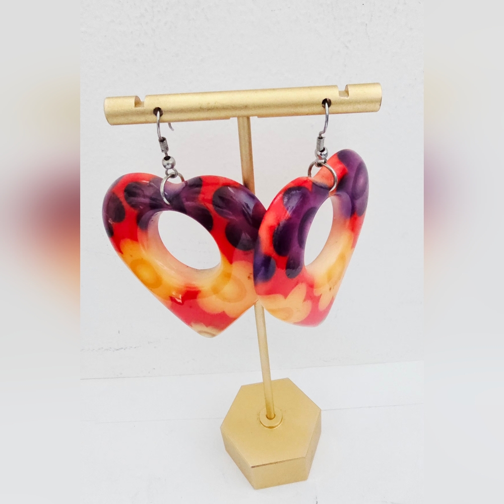 Heart-Shaped Floral psychedelic Earrings - Multicolor - Picture 5 of 7